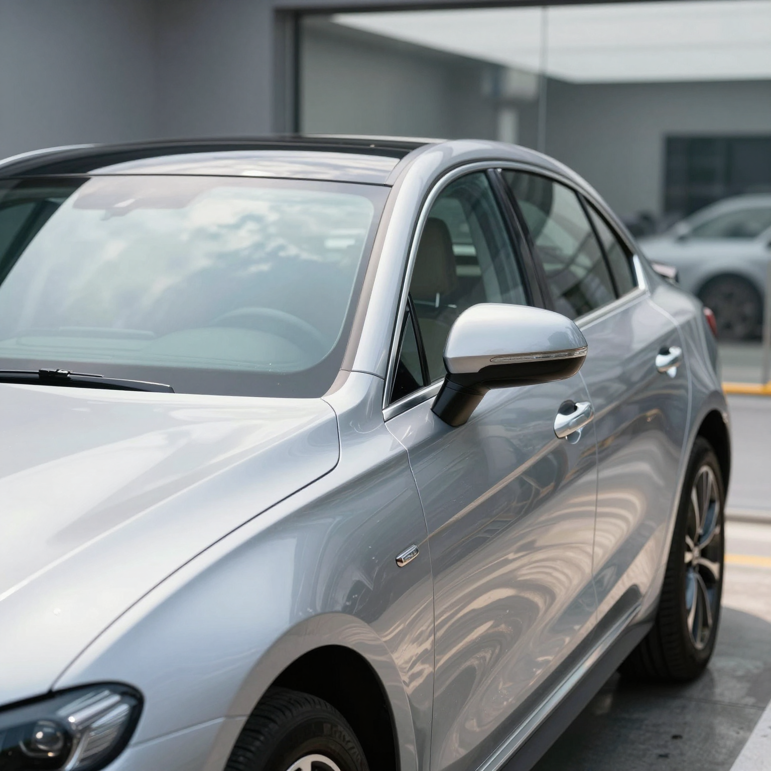 A pristine, shiny car reflecting sunlight, showcasing cleanliness and professionalism in a modern setting.