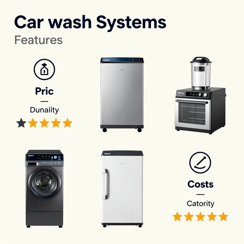 Infographic comparing different brands of coin-operated car wash systems with features, costs, and customer ratings.
