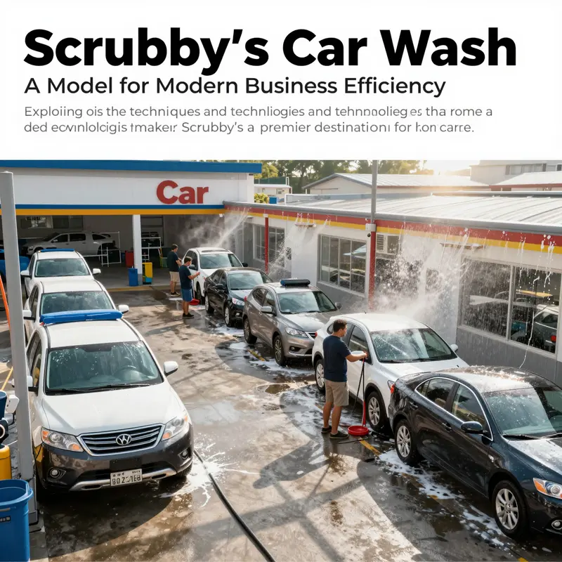 A vibrant image of Scrubby's Car Wash illustrating multiple cars being serviced in a lively, energetic environment.