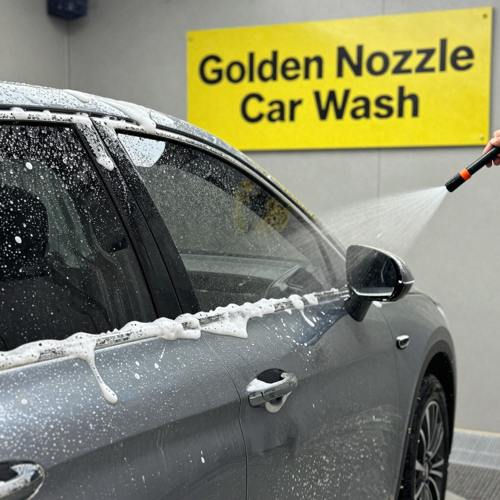 A clean car being washed at Golden Nozzle Car Wash