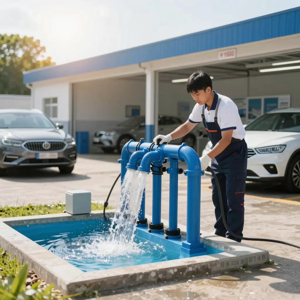 A professional car wash facility showcasing eco-friendly practices, water recycling systems, and clean cars under bright sunlight.