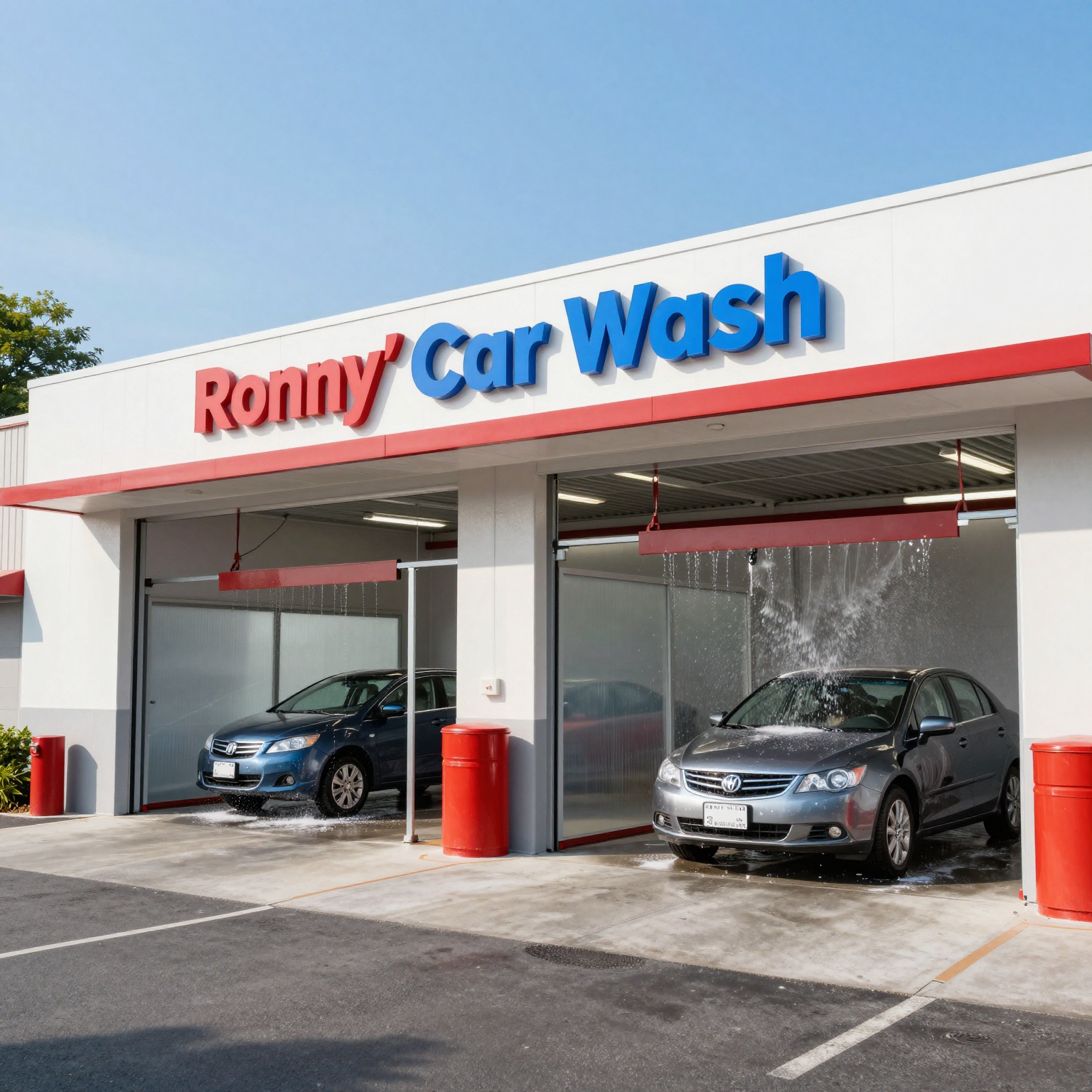 Exterior view of Ronny's Car Wash with modern design and cars being washed