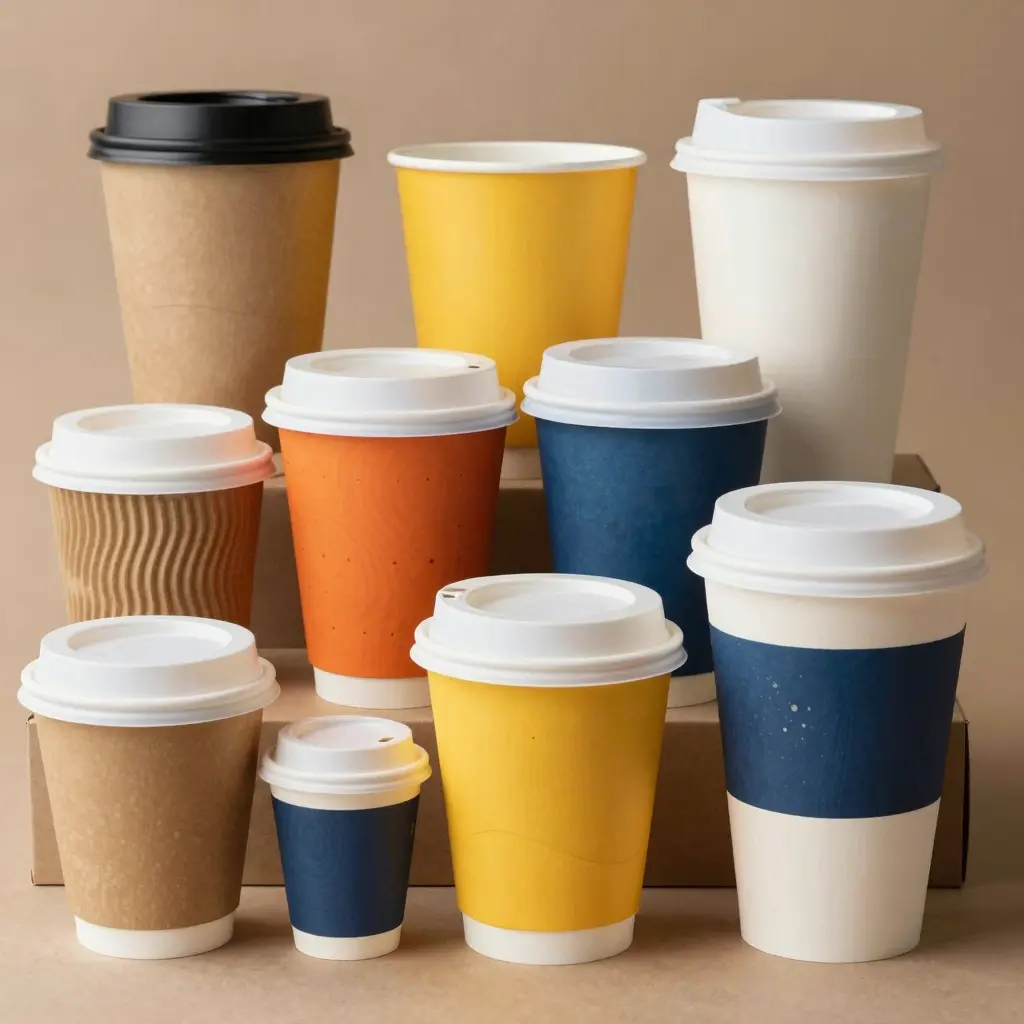 A variety of disposable paper coffee cup designs showcasing different sizes, colors, and prints.