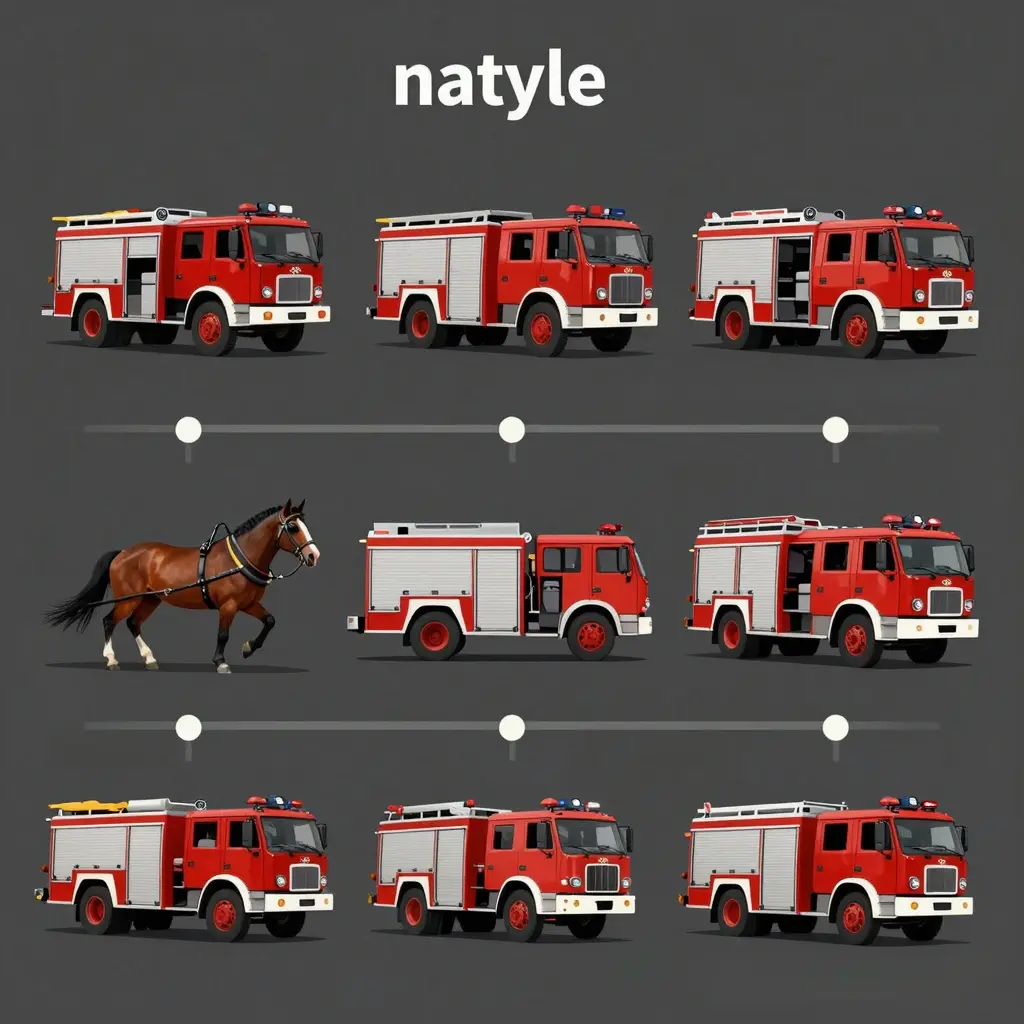 A timeline illustration depicting the evolution of firefighting trucks