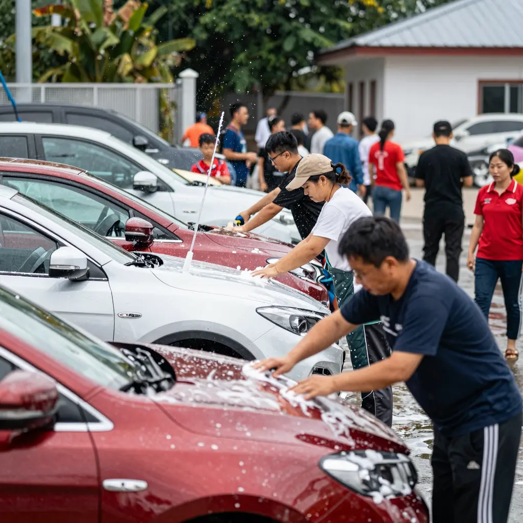 A busy car wash scene