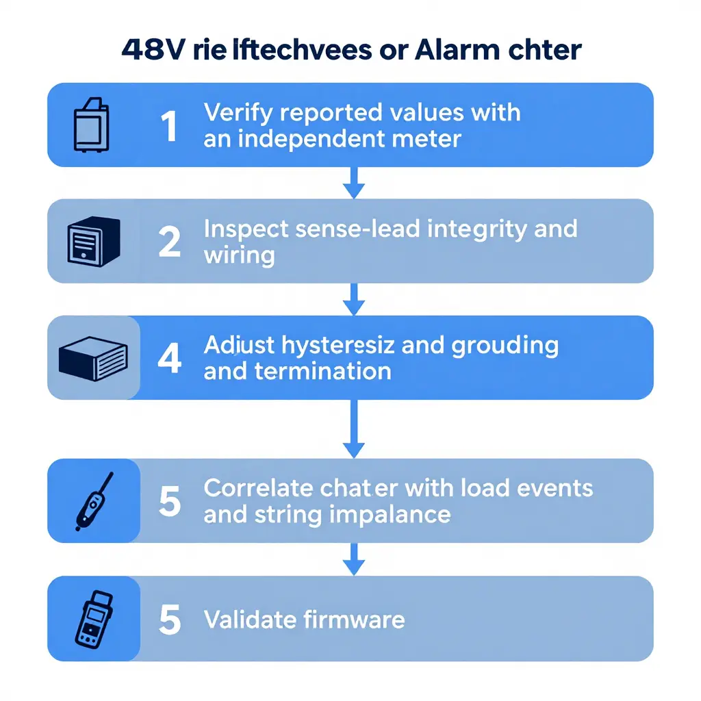 Flowchart showing a six-step BMS alarm chatter troubleshooting sequence for a 48V rack battery system
