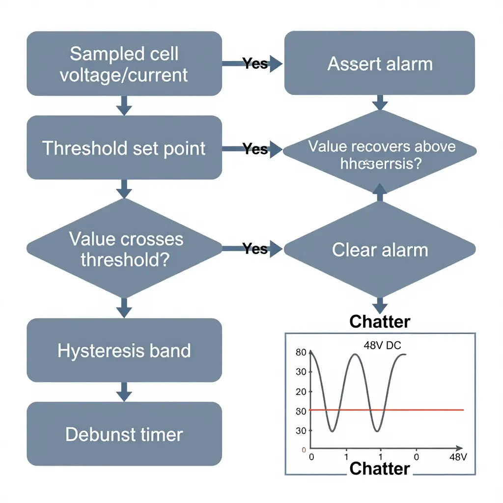 Flowchart of BMS alarm chatter decision logic, showing threshold crossing, hysteresis band, debounce timer, and a repeating assert/clear toggle loop with a 48V DC voltage signal oscillating around a threshold